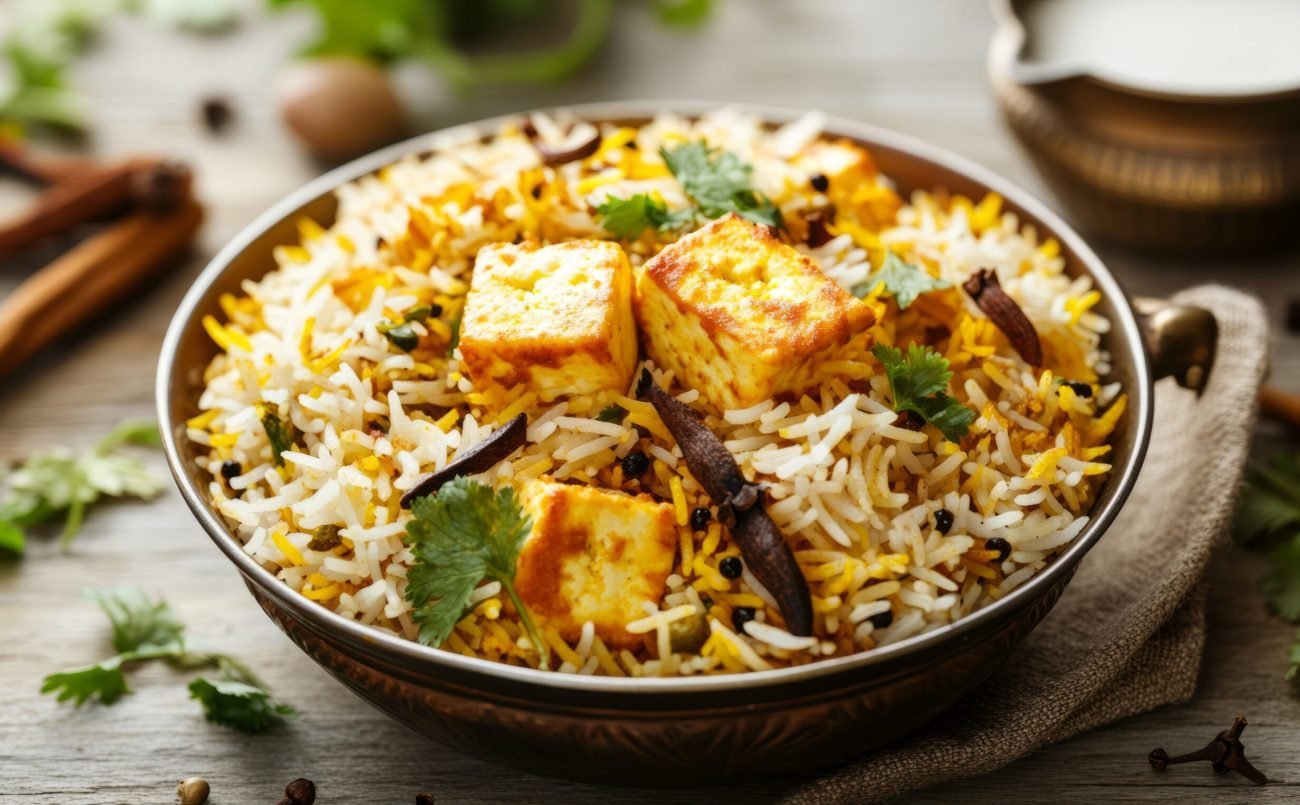 A beautifully styled serving spoon full of paneer biryani set against a traditional Indian pot, with herbs and spices artfully scattered around A beautifully styled serving spoon full of paneer biryani set against a traditional Indian pot, with herbs and spices artfully scattered around